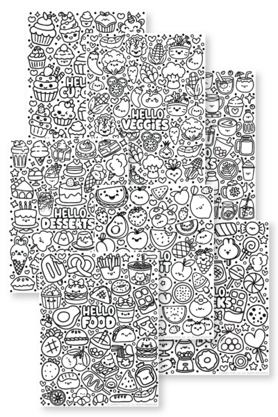 Kawaii food doodles coloring pages bundle featuring cute smiling food, snacks, desserts, fruits, veggies, drinks, and cupcakes in black-and-white printable pages.