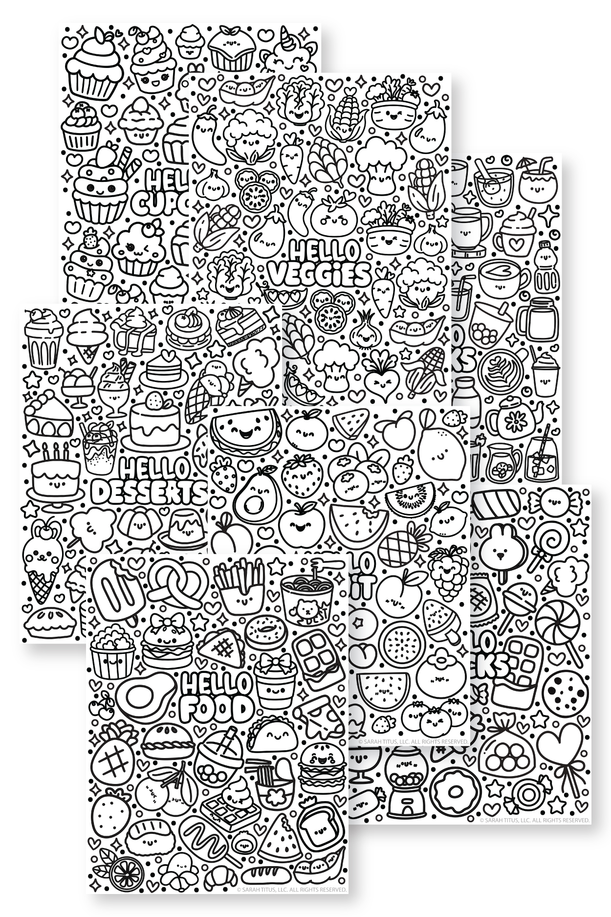 Kawaii food doodles coloring pages bundle featuring cute smiling food, snacks, desserts, fruits, veggies, drinks, and cupcakes in black-and-white printable pages.