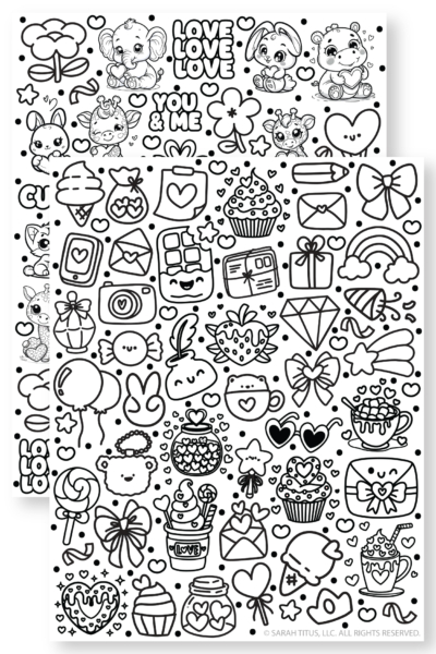 Free printable love stickers bundle with two cute sticker sheets, kawaii doodles and baby animal love planner stickers