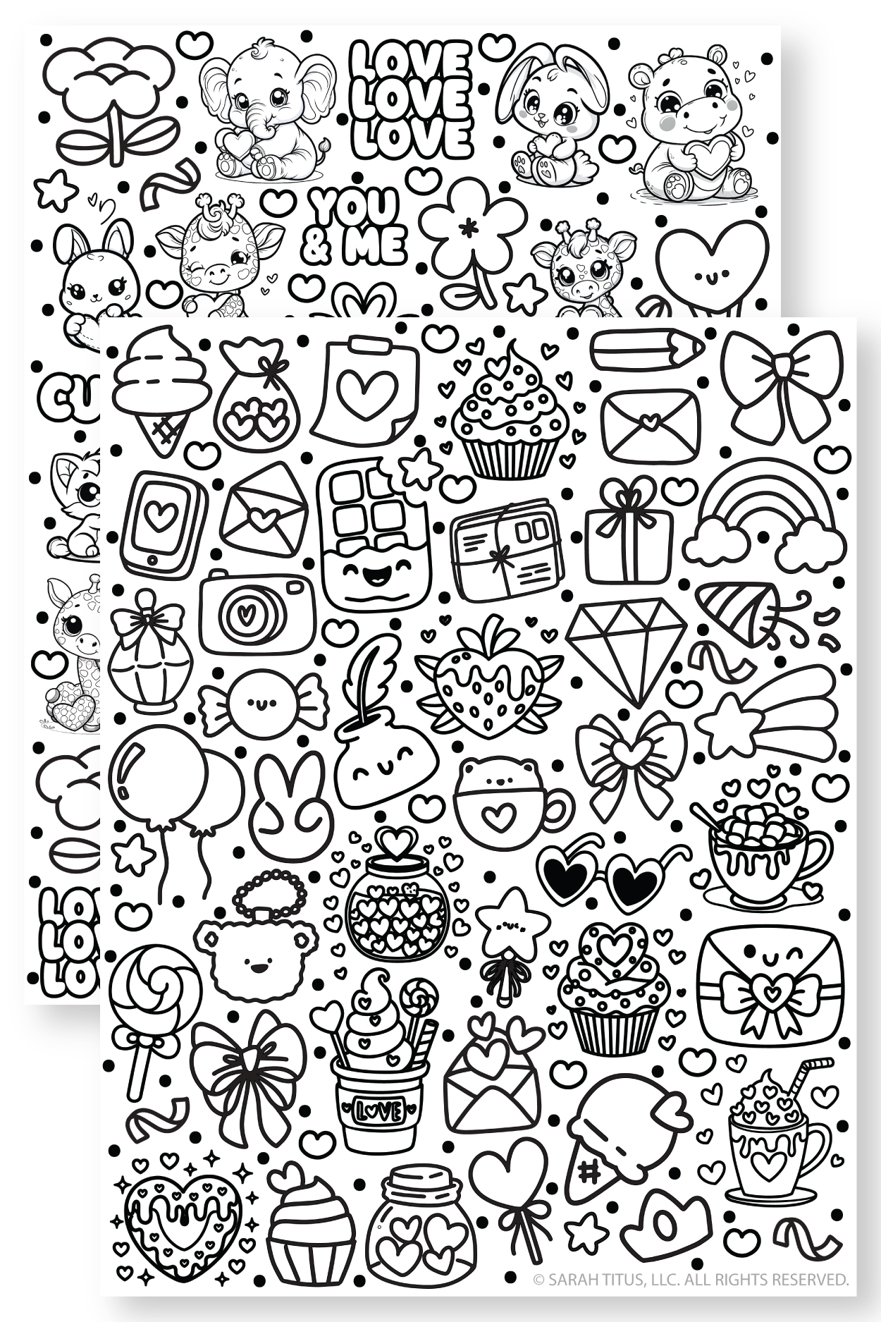 Free printable love stickers bundle with two cute sticker sheets, kawaii doodles and baby animal love planner stickers