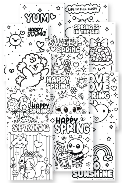 collage preview of free printable spring coloring pages featuring 12 cute kawaii spring coloring sheets with happy spring quotes, sunshine, hearts, and adorable animals