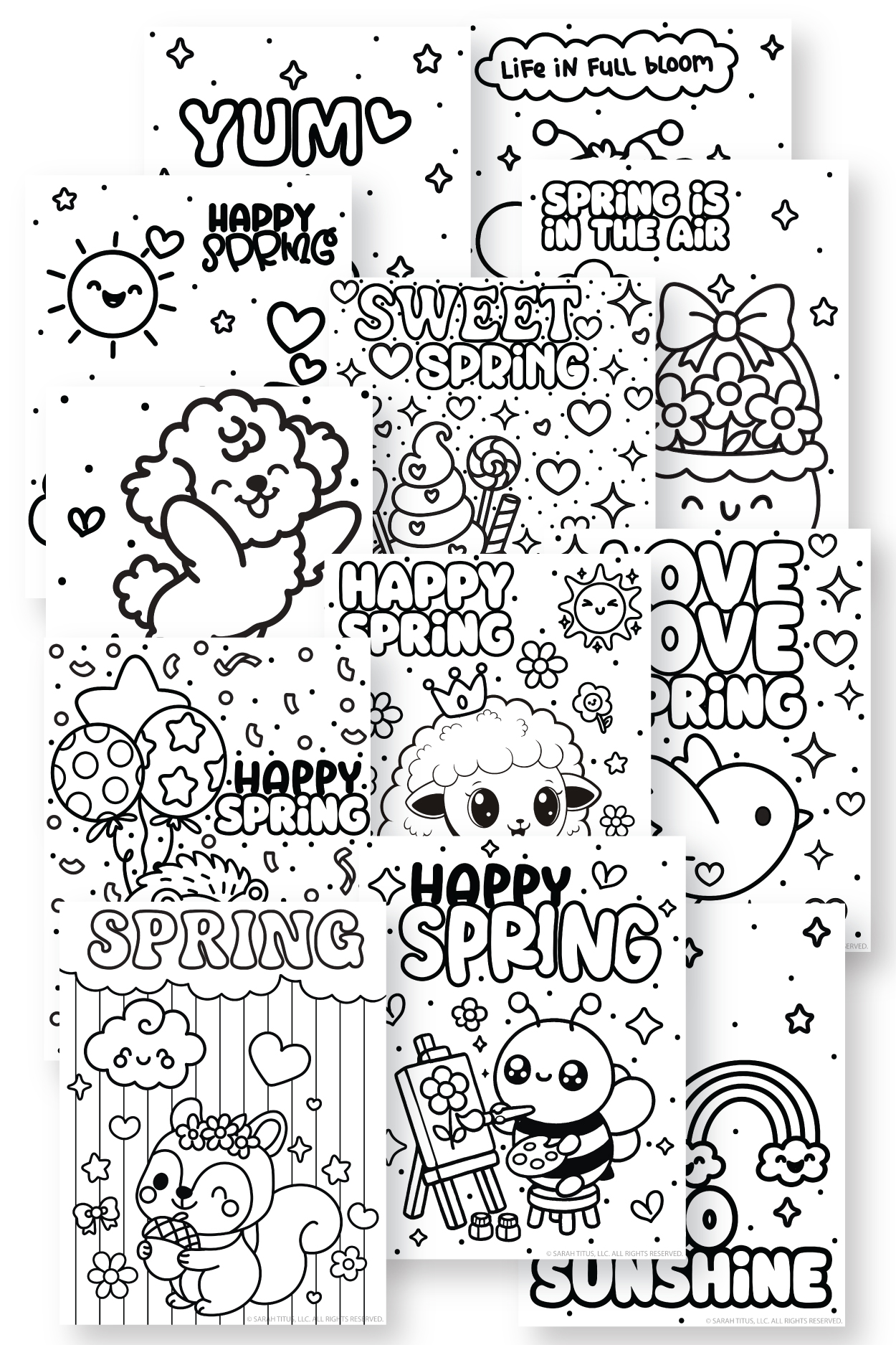 collage preview of free printable spring coloring pages featuring 12 cute kawaii spring coloring sheets with happy spring quotes, sunshine, hearts, and adorable animals