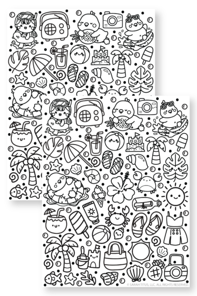 Cute summer coloring stickers printable featuring beach items, tropical leaves, ocean animals, and sunny summer designs.