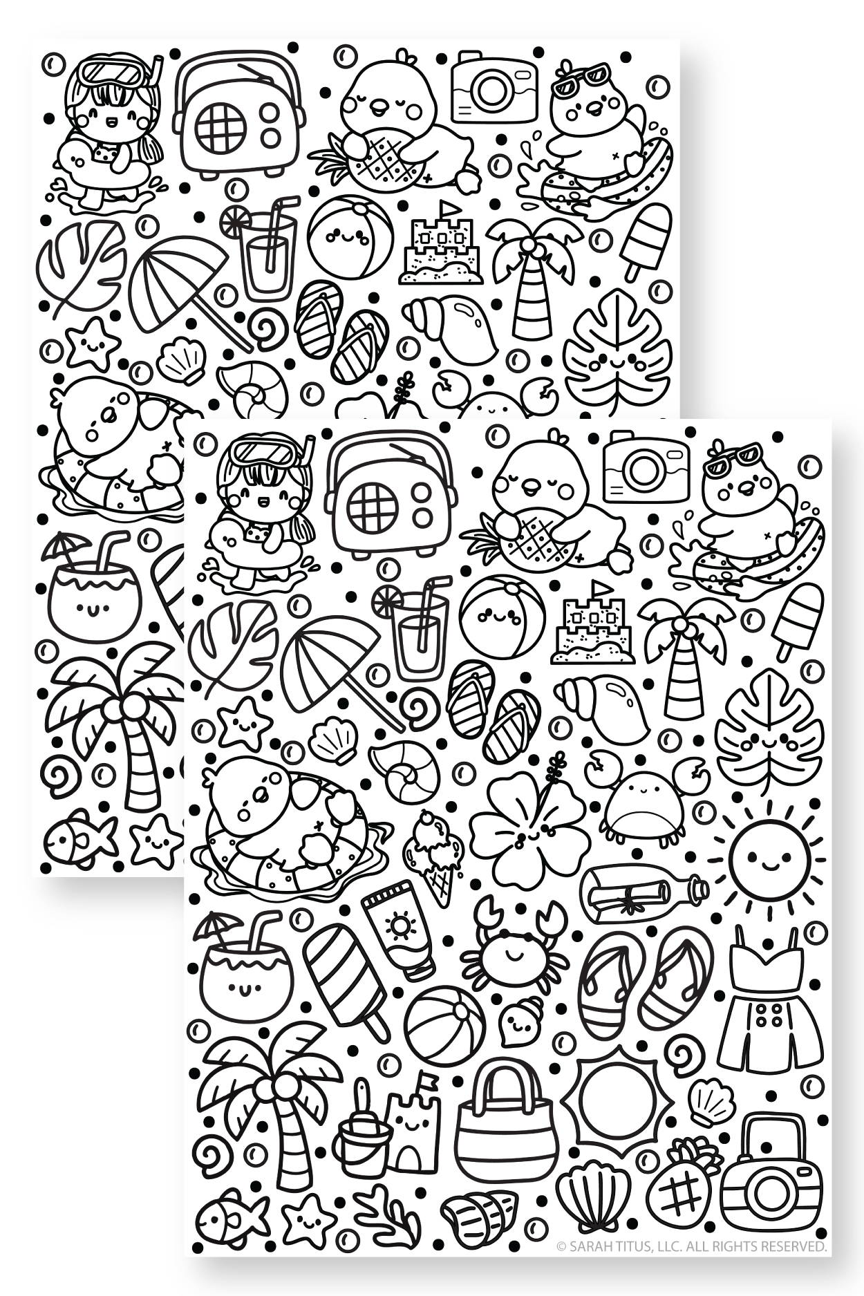 Cute summer coloring stickers printable featuring beach items, tropical leaves, ocean animals, and sunny summer designs.