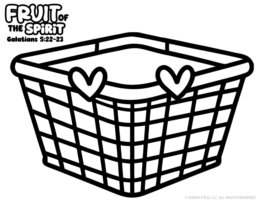 Fruit of the Spirit basket coloring page craft printable for kids based on Galatians 5:22–23 Christian lesson activity.