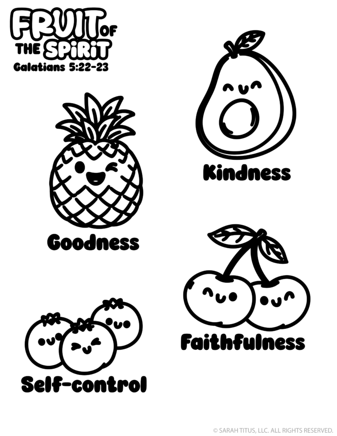 Fruit of the Spirit Christian coloring page featuring cute fruit illustrations representing goodness, kindness, faithfulness, and self-control from Galatians 5:22–23.