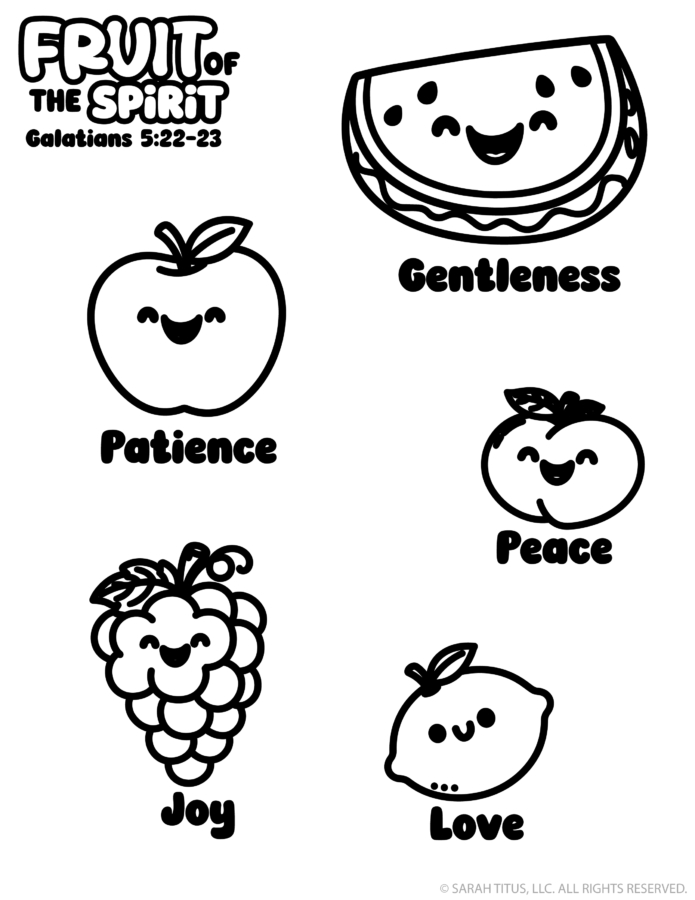 Fruit of the Spirit Christian coloring page featuring cute fruit illustrations representing love, joy, peace, patience, gentleness, and kindness from Galatians 5:22–23.