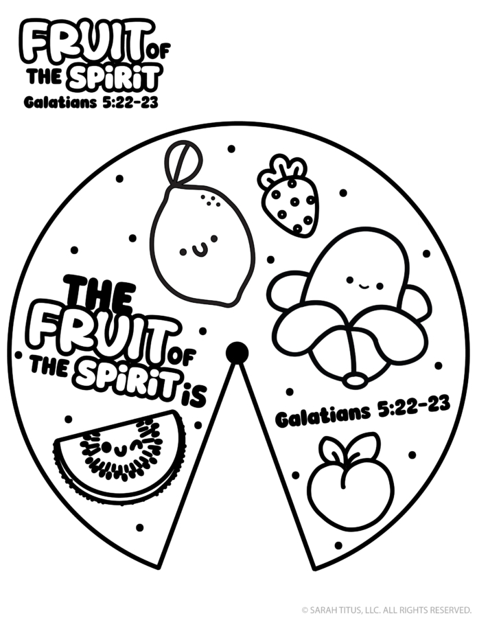 Fruit of the Spirit spinner craft top printable featuring Galatians 5:22–23 Bible verse with colorable Christian activity wheel for kids Sunday school craft.