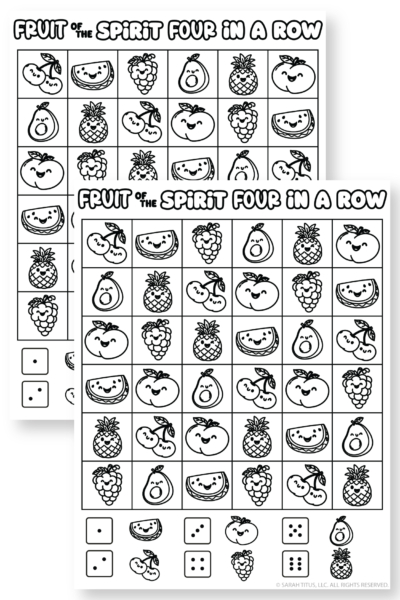 Christian kids printable Fruit of the Spirit game board with fruits, dice, and four in a row activity for Sunday school.
