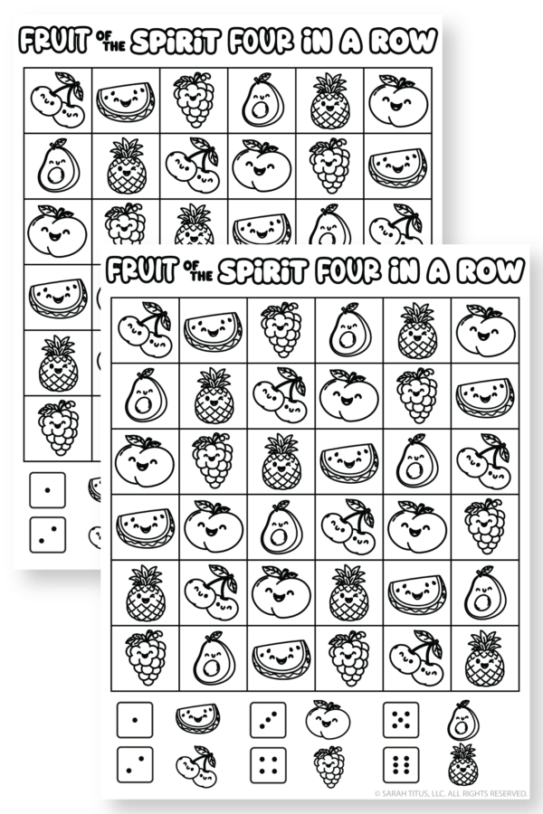 Christian kids printable Fruit of the Spirit game board with fruits, dice, and four in a row activity for Sunday school.