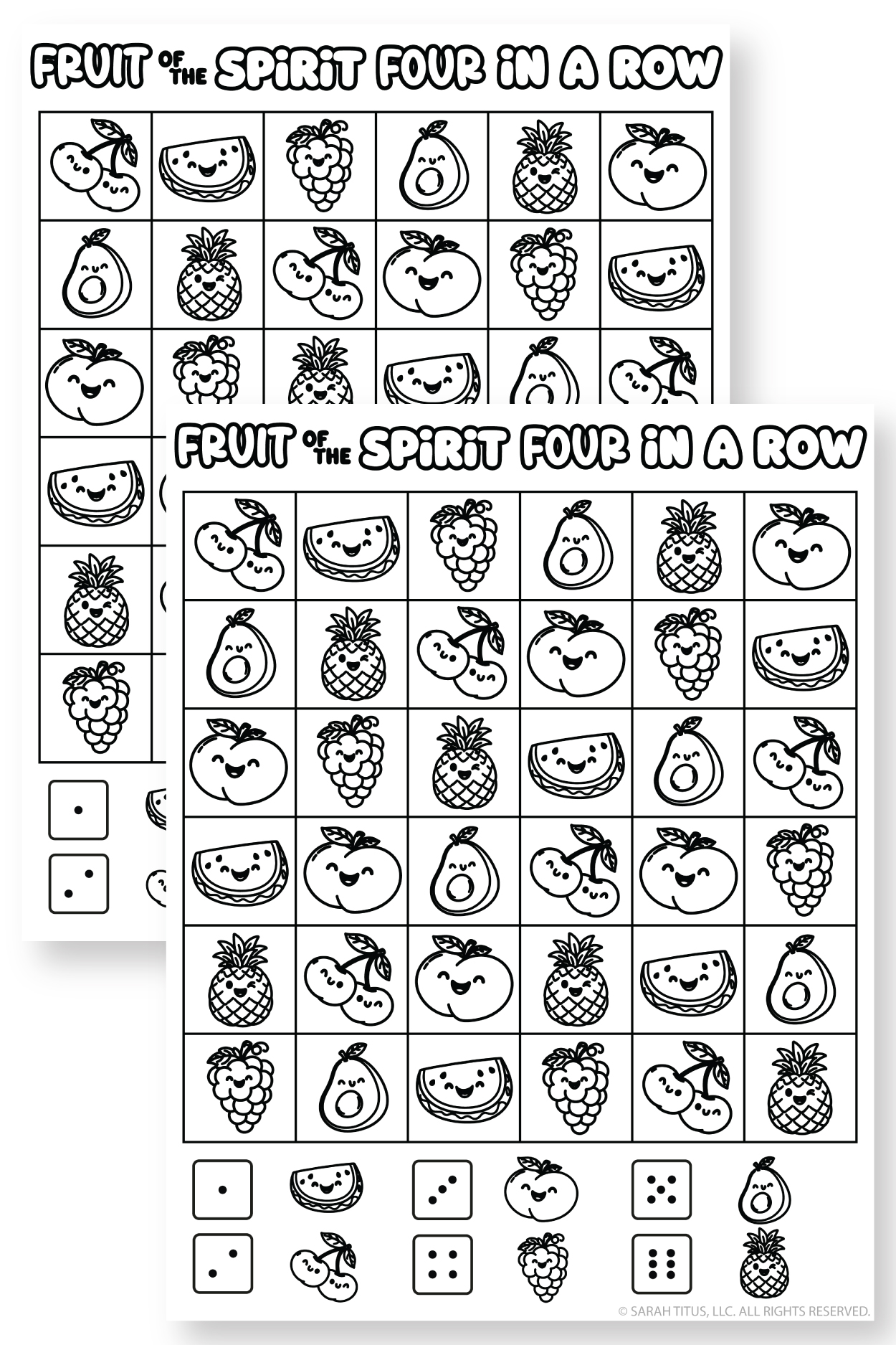 Christian kids printable Fruit of the Spirit game board with fruits, dice, and four in a row activity for Sunday school.