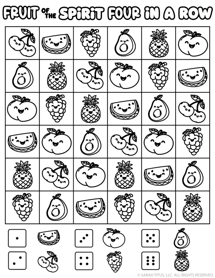 Fruit of the Spirit four in a row printable game with cute fruit illustrations for Christian kids Bible activity.