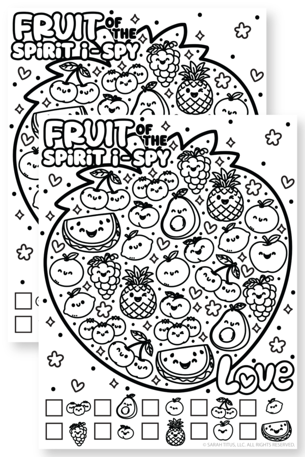 Christian Fruit of the Spirit I Spy game featuring adorable fruit doodles and a faith-based visual search activity.