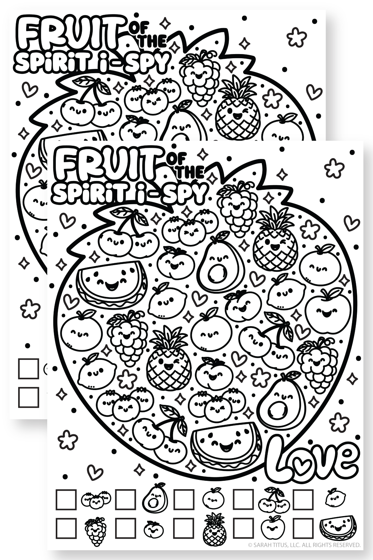 Christian Fruit of the Spirit I Spy game featuring adorable fruit doodles and a faith-based visual search activity.