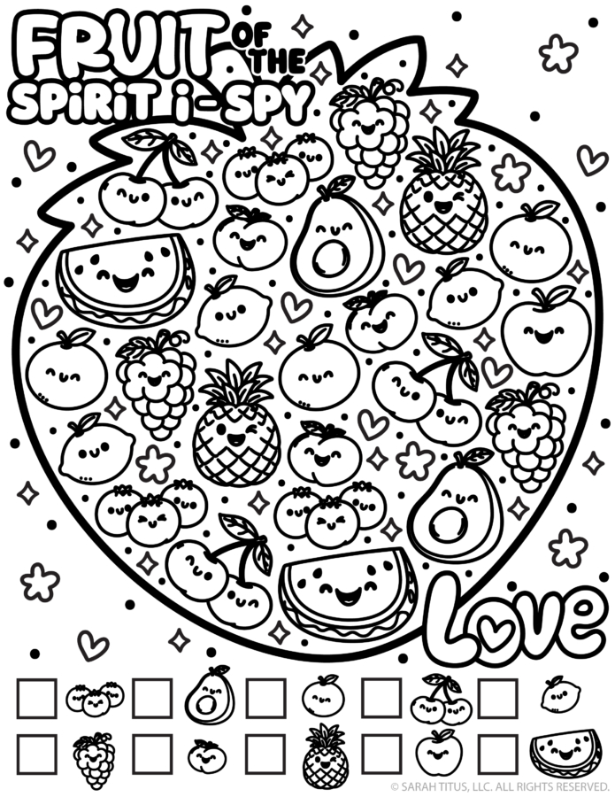 Fruit of the Spirit I Spy printable with cute fruit illustrations and a Christian activity worksheet for kids.