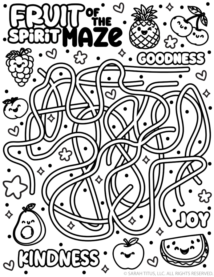 Fruit of the Spirit maze printable with cute fruit characters and a Christian maze activity for kids.