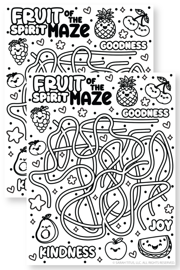 Christian Fruit of the Spirit maze worksheet featuring joyful fruit doodles and a faith-based printable maze game.