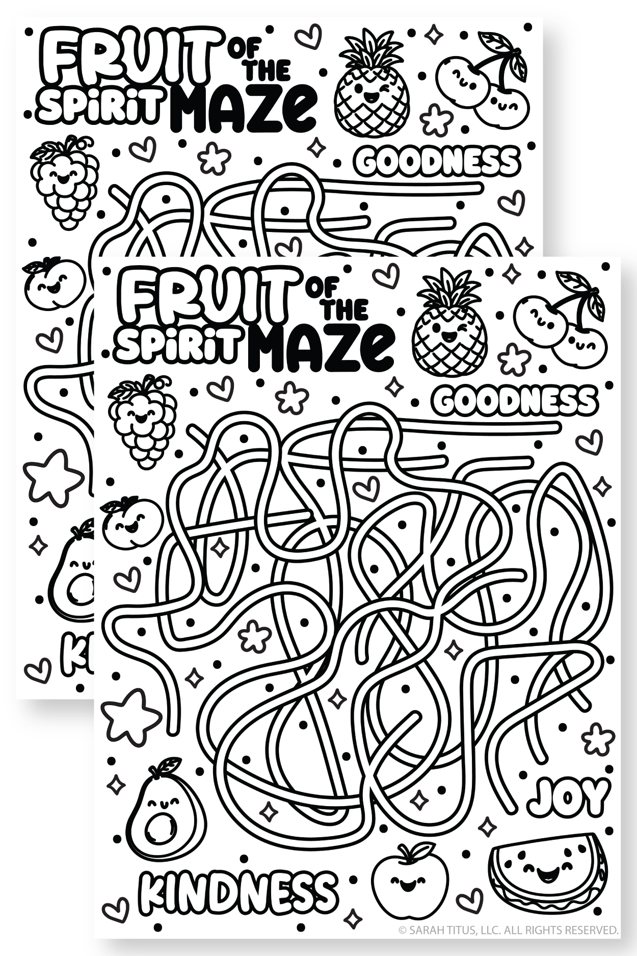 Christian Fruit of the Spirit maze worksheet featuring joyful fruit doodles and a faith-based printable maze game.