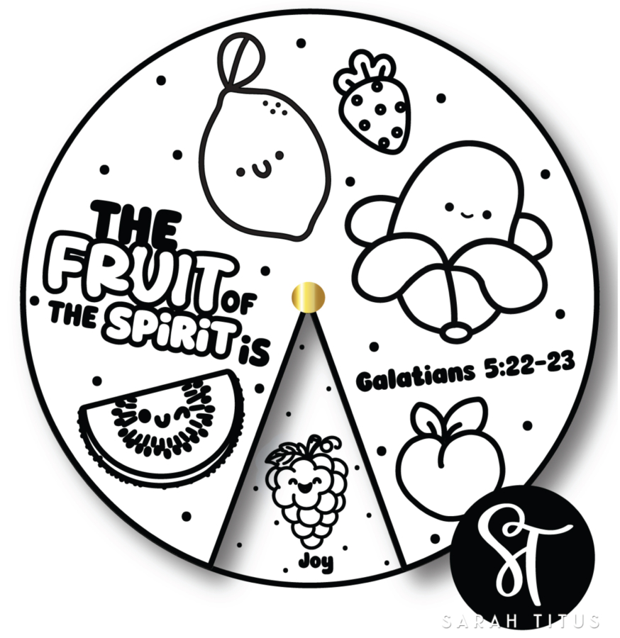 Kawaii Fruit of the Spirit wheel craft coloring page featuring cute smiling fruits and Galatians 5:22-23