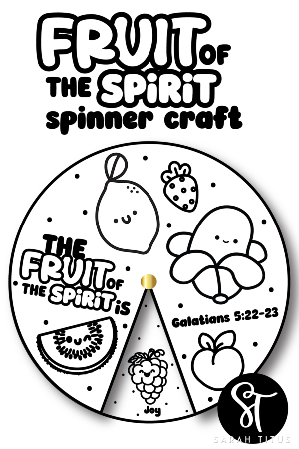 Fruit of the Spirit spinner craft printable for kids featuring a colorable Bible activity wheel based on Galatians 5:22–23 for Christian learning.