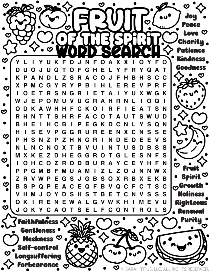 Fruit of the Spirit word search printable with cute fruit doodles and Bible-based character traits for kids.