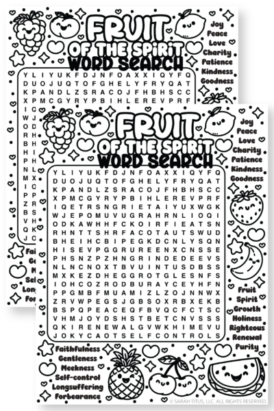 Christian Fruit of the Spirit word search worksheet featuring joyful fruit illustrations and faith-based vocabulary activity.