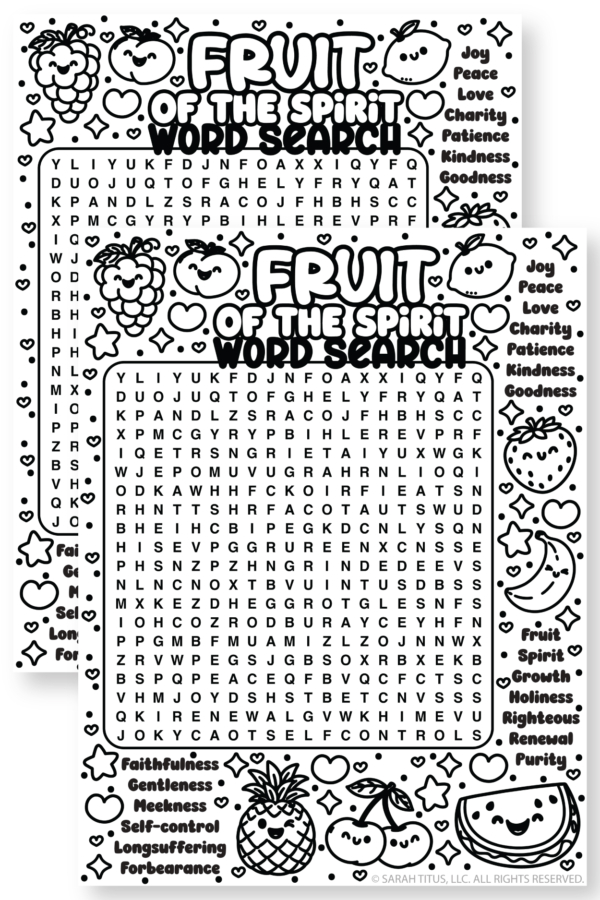 Christian Fruit of the Spirit word search worksheet featuring joyful fruit illustrations and faith-based vocabulary activity.