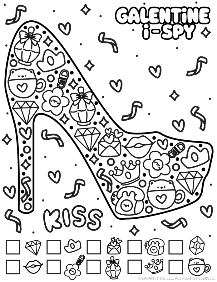 Black and white Galentine’s Day I-Spy printable with a high heel shoe shape and the word kiss, filled with cute icons like diamonds, perfume, a crown, a phone, and hearts.