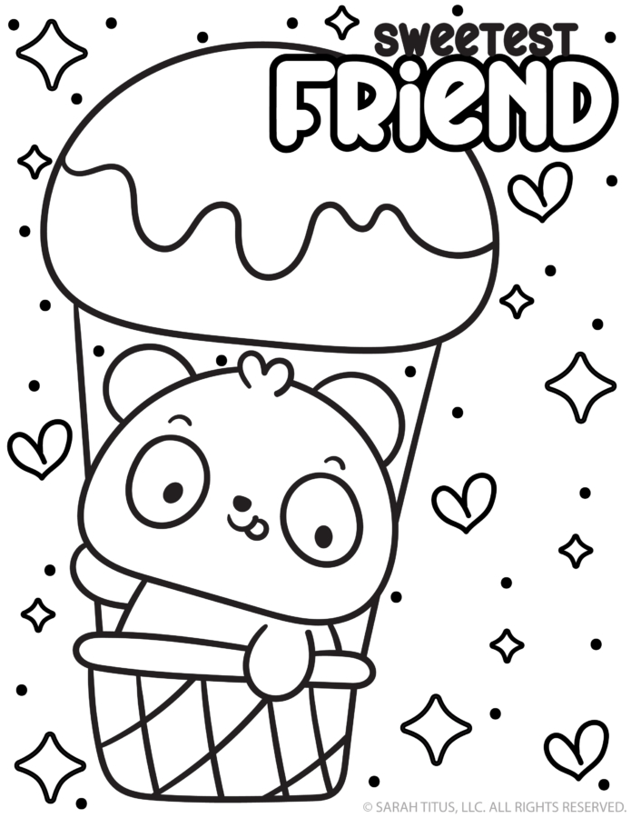 Kawaii panda cupcake with the words “Sweetest Friend” Galentine’s Day coloring page