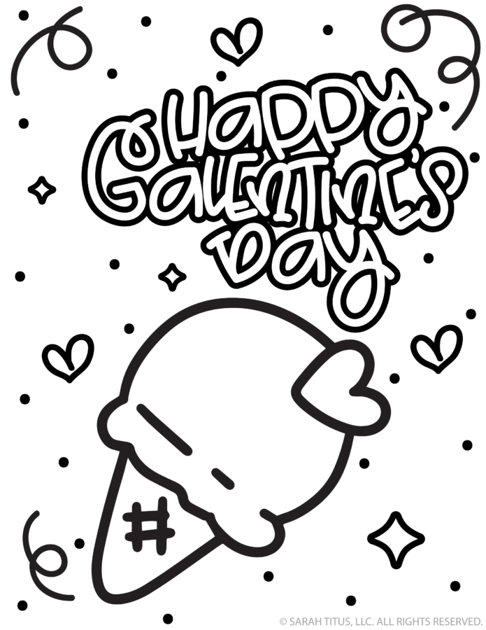 Happy Galentine’s Day bubble letters with a cute ice cream cone coloring page