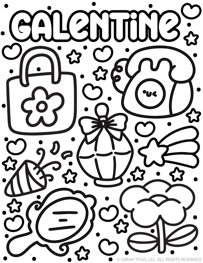 Galentine icons coloring page with a tote bag, retro phone, perfume, mirror, party hat, flower, and shooting star