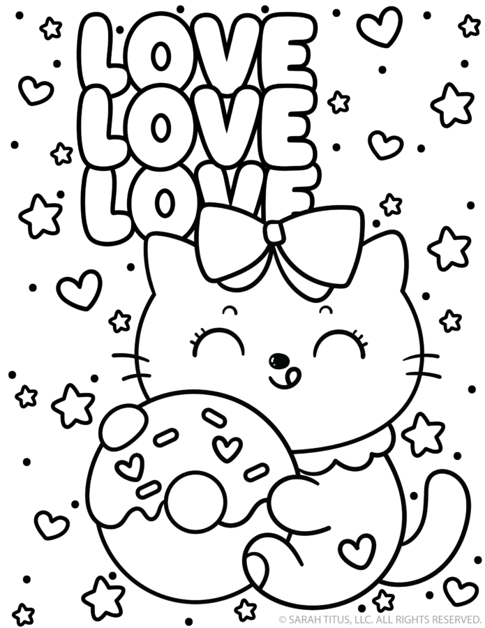 Love love love word art with a kawaii cat holding a sprinkled donut coloring page