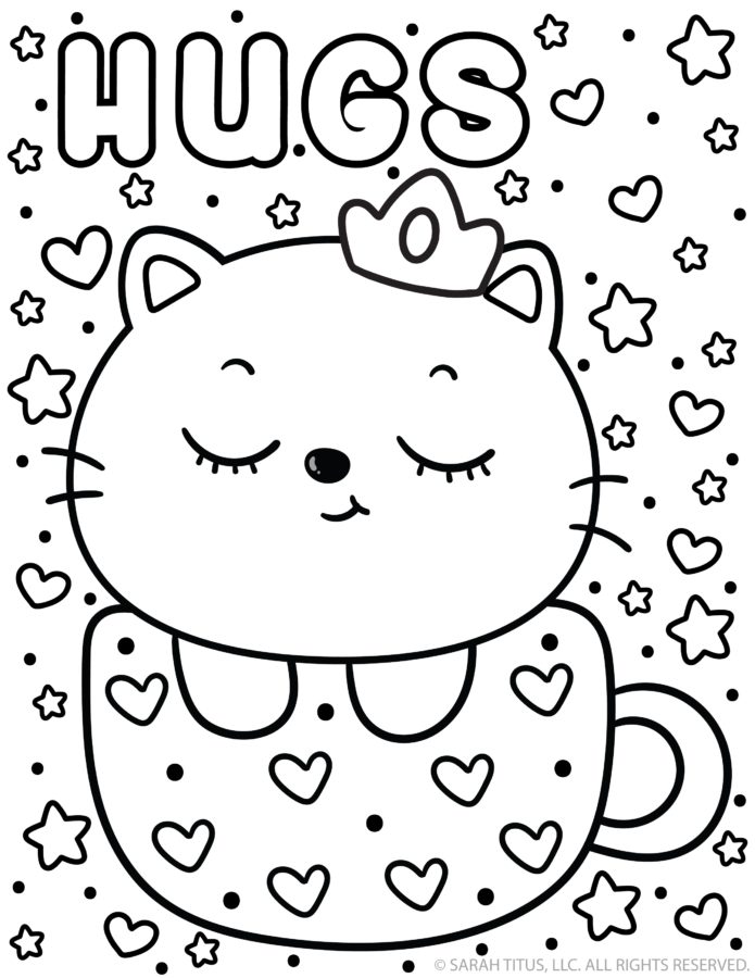 Kawaii cat peeking from a heart pattern mug with the word “hugs”, surrounded by hearts and stars Galentine’s Day coloring page