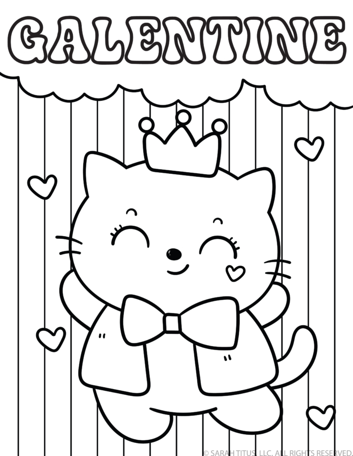 Galentine kitty with a crown and big bow on a striped background with hanging hearts coloring page