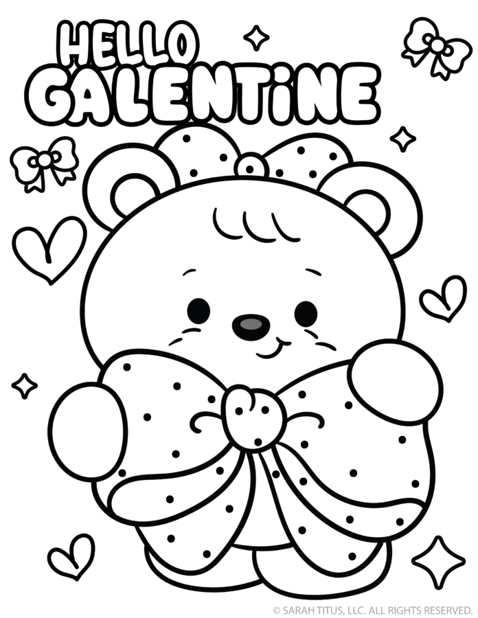 “Hello Galentine” bubble letters with a cute bear holding a giant polka dot bow, plus hearts, bows, and sparkles Galentine’s Day coloring page