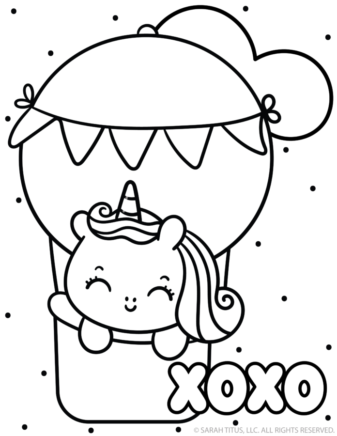 Cute unicorn in a hot air balloon with “xoxo” lettering Galentine’s Day coloring page