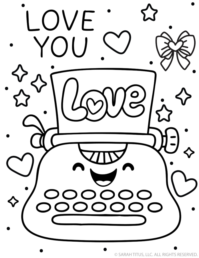 Smiling typewriter with “love” on the paper and “Love You” text, surrounded by hearts and stars Galentine’s Day coloring page