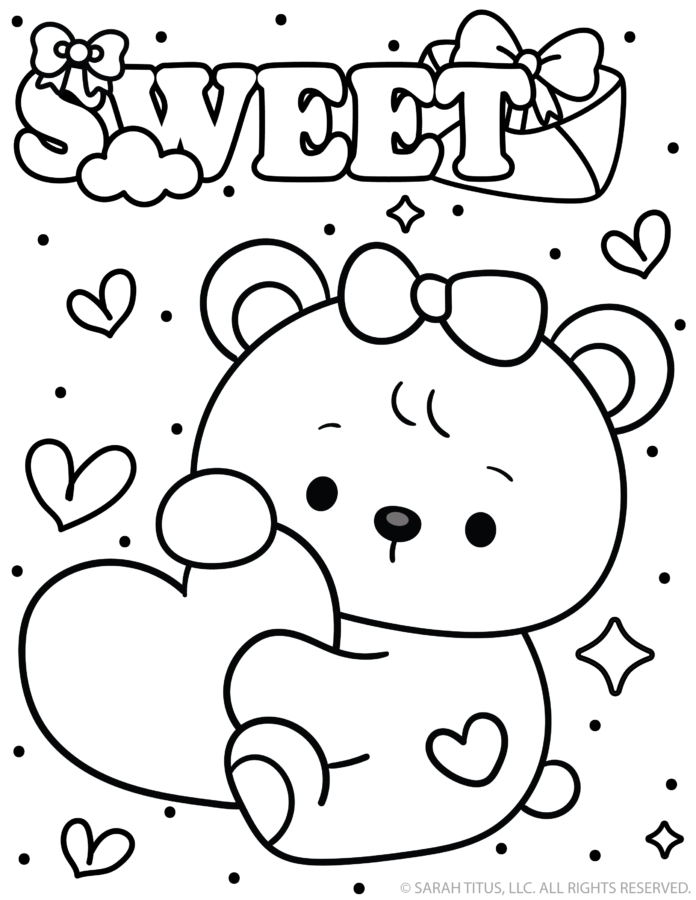 “Sweet” bubble letters with a cute bear holding a giant heart for Galentines colouring page