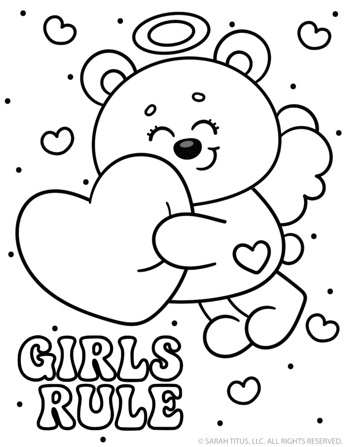 Angel bear hugging a heart with “Girls Rule” lettering Galentine’s Day coloring page