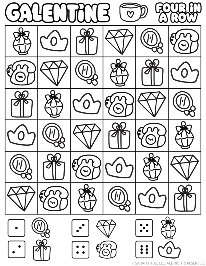 Galentine Four in a Row game printable featuring cute Valentine icons for a fun Galentine’s Day activity.