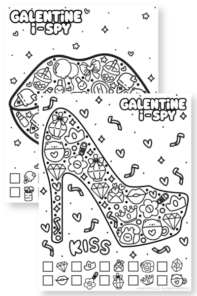 Featured image showing both Galentine’s Day I-Spy printables, sparkle lips page and kiss high heel page, in a matching black and white kawaii style