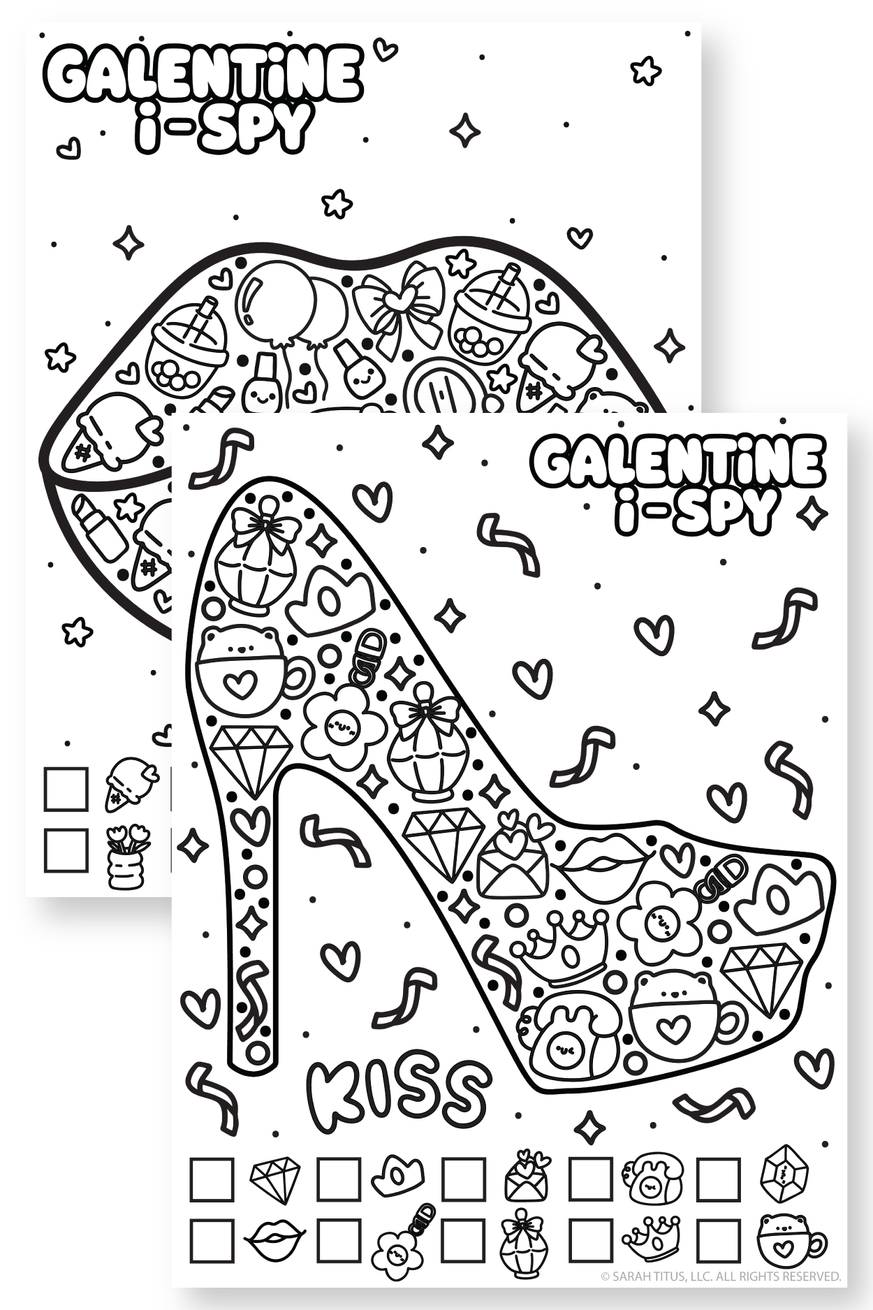 Featured image showing both Galentine’s Day I-Spy printables, sparkle lips page and kiss high heel page, in a matching black and white kawaii style