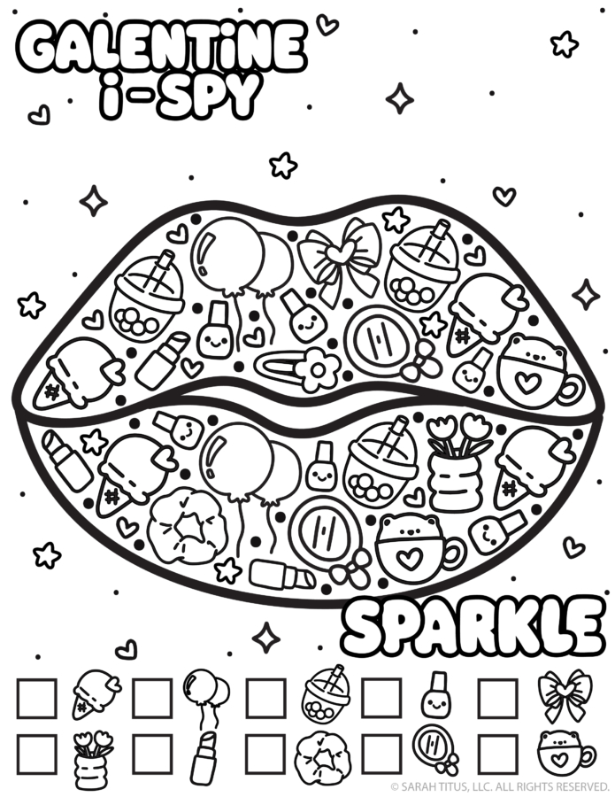 Black and white Galentine’s Day I-Spy printable with lips shape and the word sparkle, filled with cute icons like boba, balloons, lipstick, nail polish, and hearts.