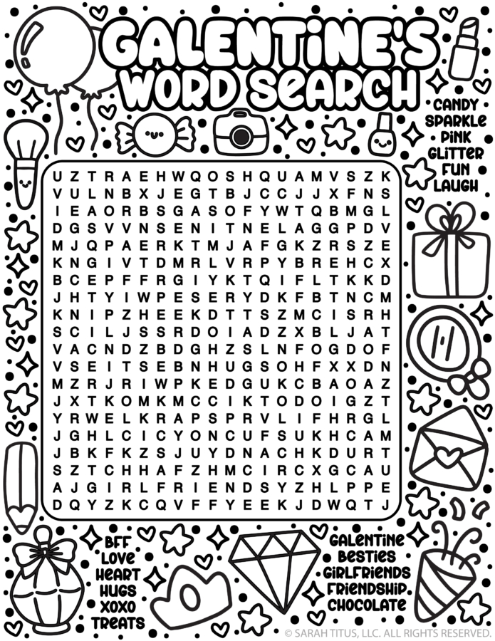 Galentine’s Day word search printable with fun friendship themed words and cute Valentine illustrations.