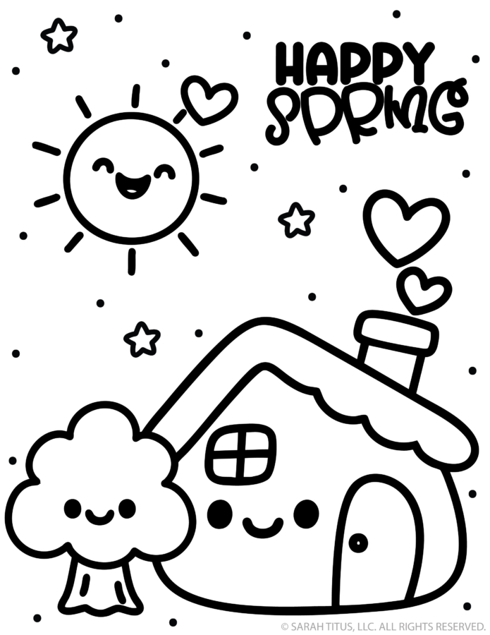 happy spring coloring page with cute house, smiling sun, hearts, and stars