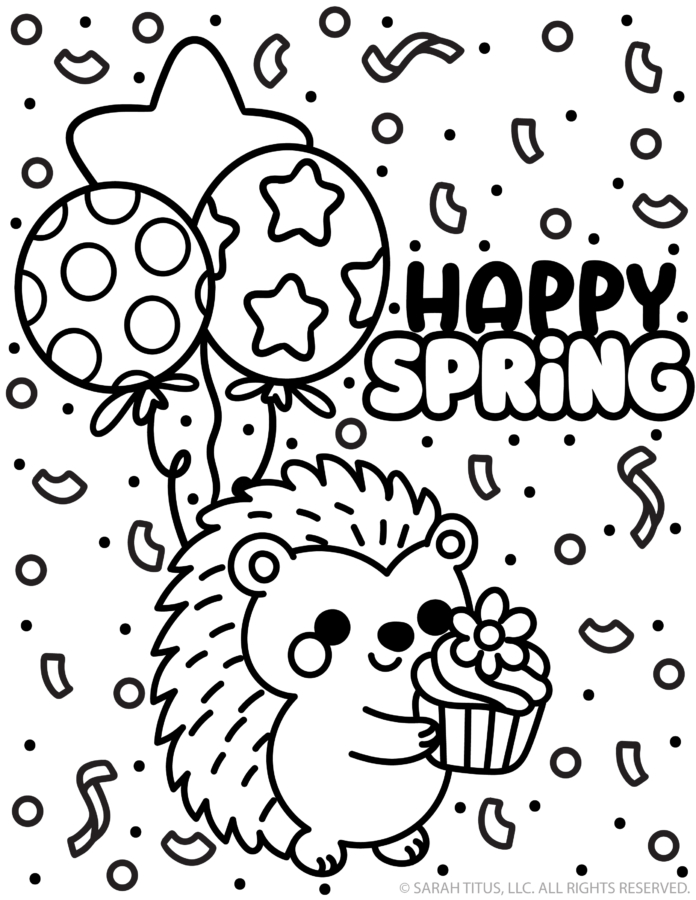 happy spring coloring page with cute hedgehog holding cupcake, balloons, and confetti
