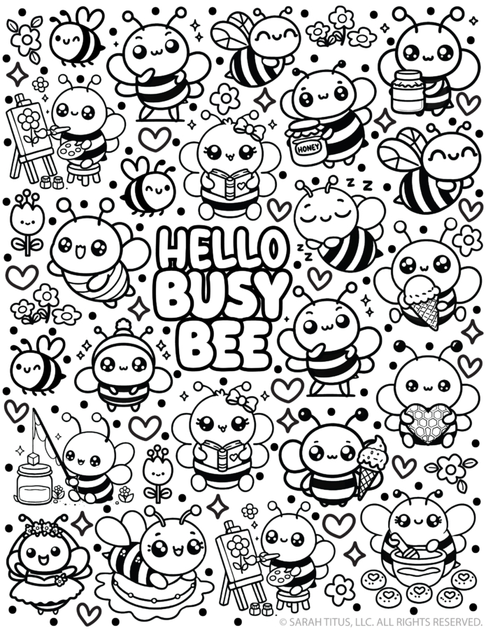 A black-and-white coloring page featuring the words "HELLO BUSY BEE" surrounded by cute, "kawaii" bees painting, reading, and eating ice cream.