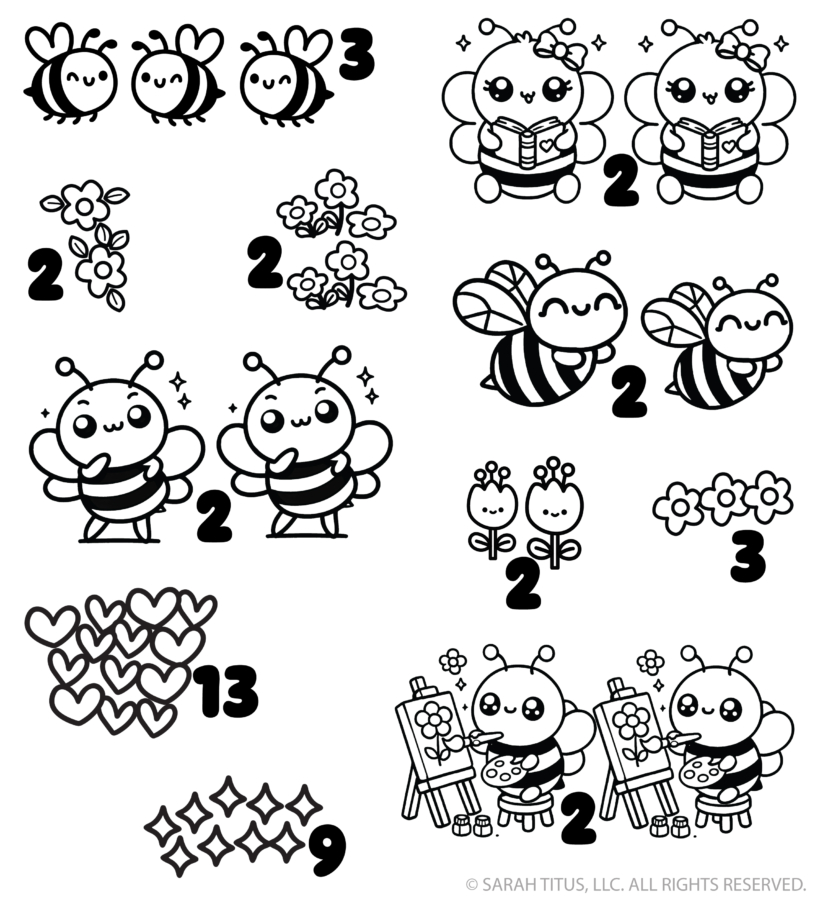 An answer key for the Hello Busy Bee coloring page showing a completed version with various colored kawaii bees, hearts, and flowers.