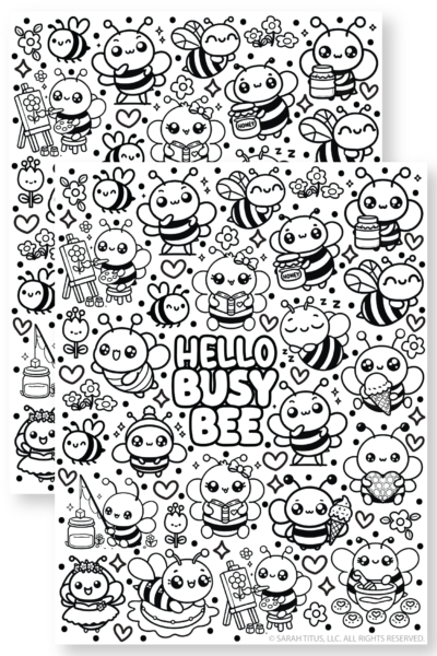 A black-and-white coloring page titled "HELLO BUSY BEE" in large, bubbly letters. The page is filled with a dense, "kawaii" style collage of cute, round bees engaged in various activities, including painting on easels, reading books, eating ice cream, holding honey jars, and sleeping. The background is decorated with simple flowers, hearts, and polka dots.