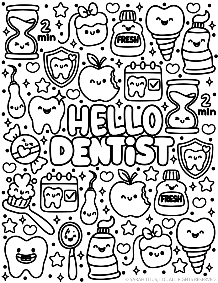 Hello Dentist coloring page printable with cute teeth, toothbrushes, toothpaste, and dental care images for kids